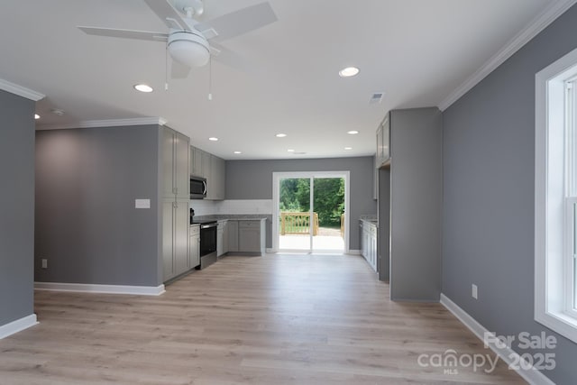 251 Hall Spencer Rd, Catawba, SC 29704 - unfurnished living room featuring ornamental molding, ceiling fan, recessed lighting, baseboards, and light wood-style floors