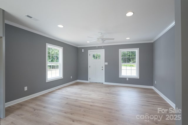 251 Hall Spencer Rd, Catawba, SC 29704 - foyer entrance with ornamental molding, recessed lighting, baseboards, ceiling fan, and light wood-type flooring