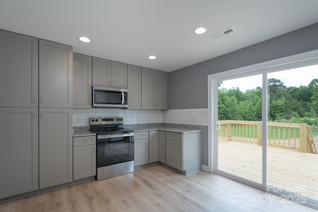 251 Hall Spencer Rd, Catawba, SC 29704 - kitchen featuring stainless steel appliances, gray cabinetry, decorative backsplash, light wood-style flooring, and recessed lighting