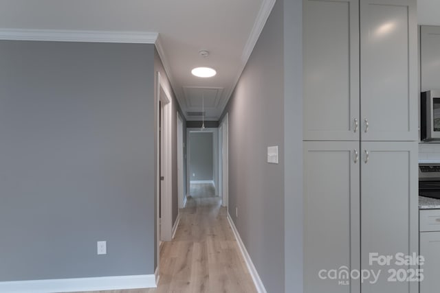251 Hall Spencer Rd, Catawba, SC 29704 - corridor with attic access, light wood-style flooring, baseboards, and crown molding