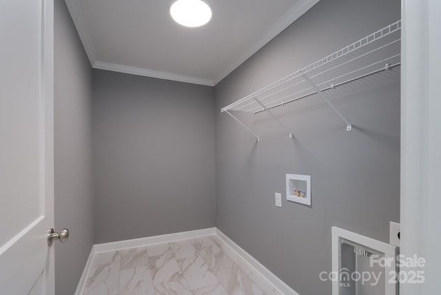 251 Hall Spencer Rd, Catawba, SC 29704 - laundry room with hookup for a washing machine, crown molding, marble finish flooring, and baseboards