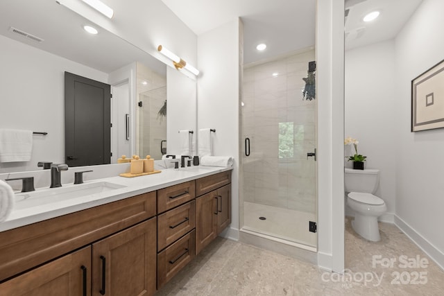 158 Mattoon St, Charlotte, NC 28216 - full bathroom featuring double vanity, toilet, a shower stall, recessed lighting, and baseboards