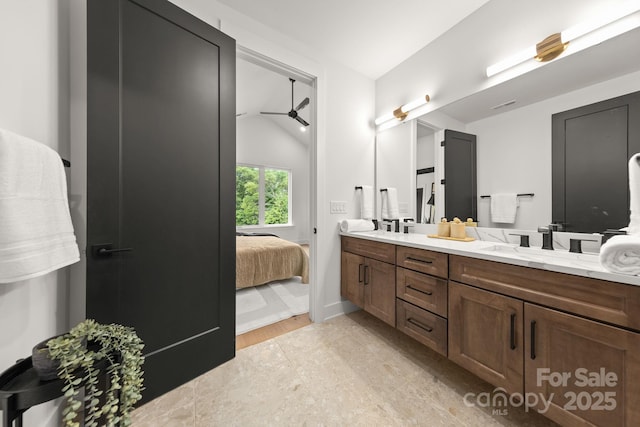 158 Mattoon St, Charlotte, NC 28216 - full bathroom featuring double vanity, ensuite bath, lofted ceiling, and ceiling fan