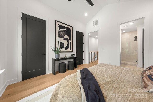 158 Mattoon St, Charlotte, NC 28216 - bedroom with wood finished floors, lofted ceiling, ensuite bathroom, and ceiling fan