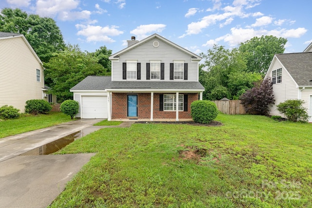 traditional-style home featuring an attached garage, driveway, a chimney, brick siding, and roof with shingles
