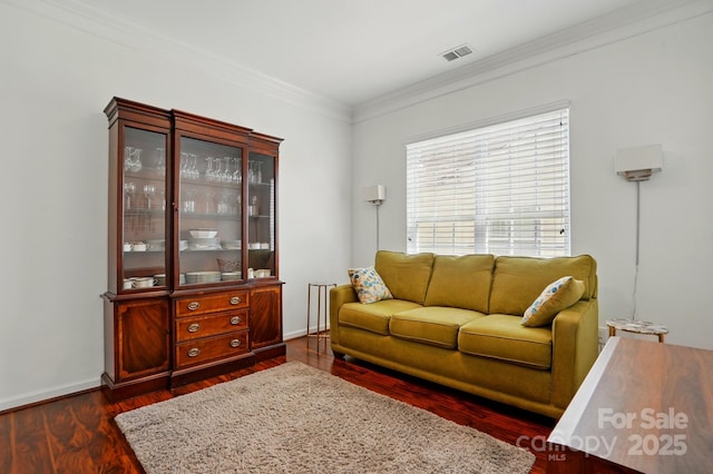 43041 Mimosa Ct, Fort Mill, SC 29707 - living area featuring dark wood-style flooring, crown molding, and baseboards