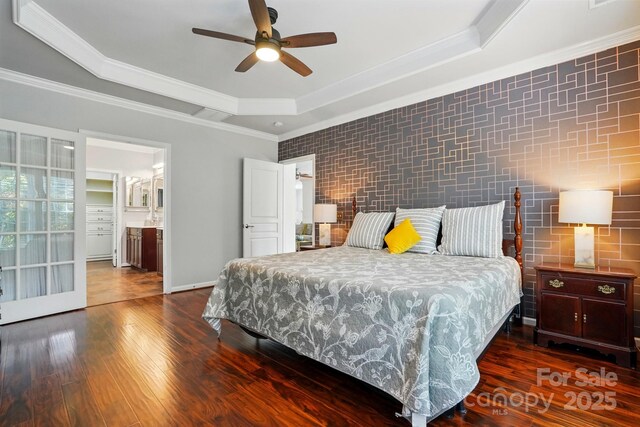 43041 Mimosa Ct, Fort Mill, SC 29707 - bedroom with crown molding, wood finished floors, a raised ceiling, baseboards, and ceiling fan