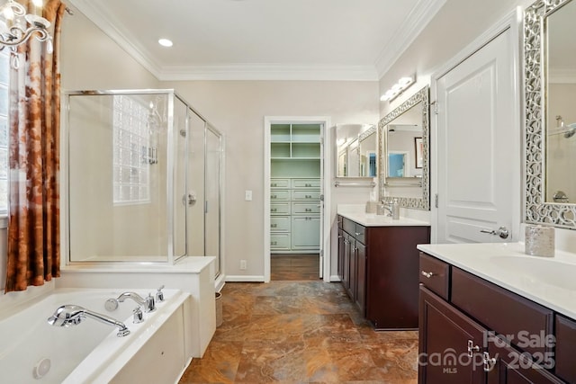 43041 Mimosa Ct, Fort Mill, SC 29707 - bathroom featuring a shower stall, crown molding, a garden tub, a closet, and two vanities