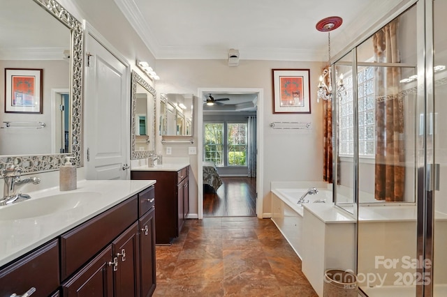 43041 Mimosa Ct, Fort Mill, SC 29707 - bathroom with ornamental molding, ceiling fan, a shower stall, a bath, and two vanities