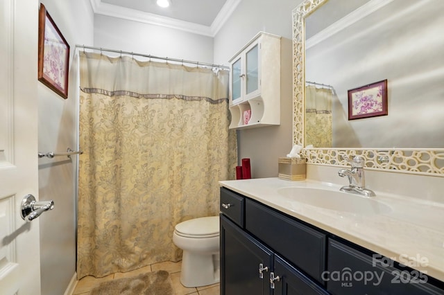 43041 Mimosa Ct, Fort Mill, SC 29707 - full bathroom featuring tile patterned floors, crown molding, toilet, vanity, and curtained shower