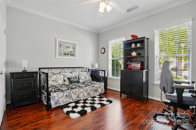 43041 Mimosa Ct, Fort Mill, SC 29707 - office area with crown molding, a ceiling fan, dark wood-style flooring, and baseboards