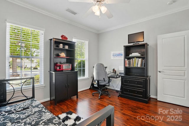 43041 Mimosa Ct, Fort Mill, SC 29707 - office area with ornamental molding, a ceiling fan, dark wood-style flooring, and baseboards