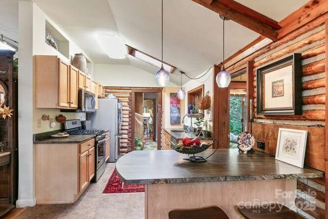 20 Deva Gln, Asheville, NC 28804 - kitchen featuring stainless steel appliances, dark countertops, a peninsula, a breakfast bar area, and lofted ceiling
