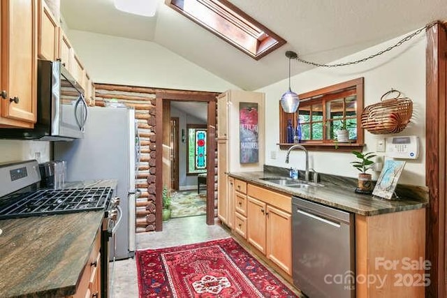 20 Deva Gln, Asheville, NC 28804 - kitchen with stainless steel appliances, a sink, dark countertops, vaulted ceiling, and a skylight