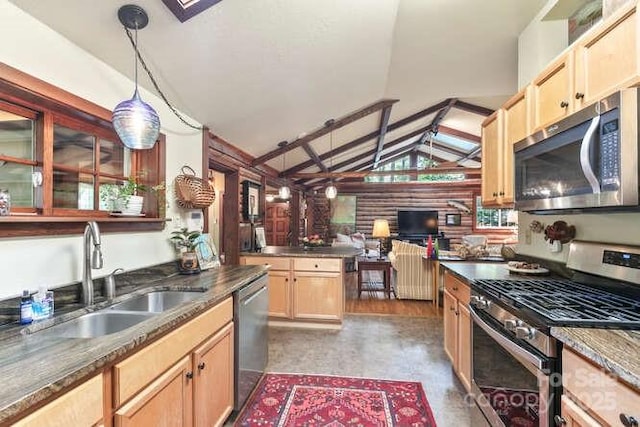 20 Deva Gln, Asheville, NC 28804 - kitchen with appliances with stainless steel finishes, a sink, lofted ceiling, dark countertops, and light brown cabinets
