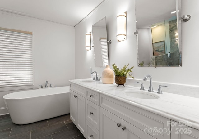 236 Wales Ave, Charlotte, NC 28209 - bathroom with double vanity, ornamental molding, a soaking tub, and wood tiled floors