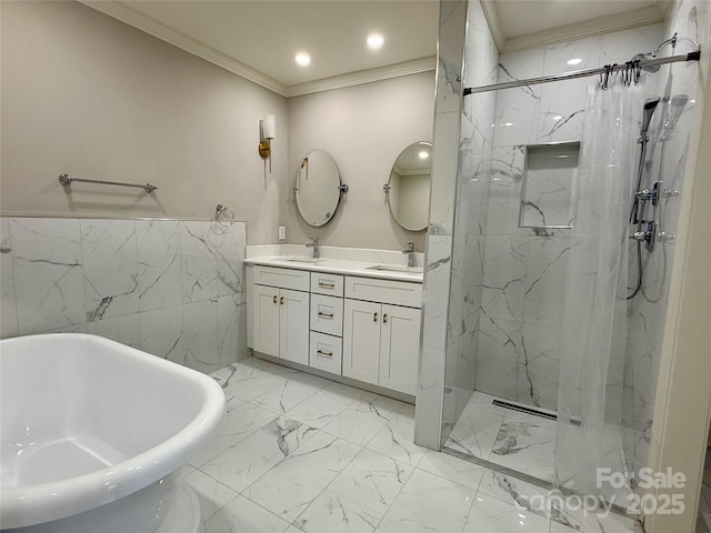 456 Brook Valley Ct NE, Concord, NC 28025 - full bathroom with ornamental molding, a marble finish shower, a soaking tub, marble finish floors, and double vanity