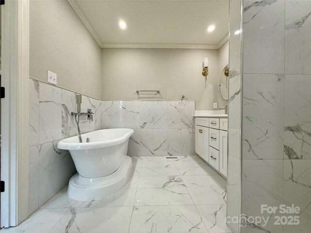 456 Brook Valley Ct NE, Concord, NC 28025 - full bathroom featuring crown molding, vanity, a freestanding tub, tile walls, and marble finish floors