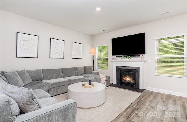 941 Rachel Anne Dr, Belmont, NC 28012 - living area featuring light wood-type flooring, healthy amount of natural light, a glass covered fireplace, baseboards, and recessed lighting