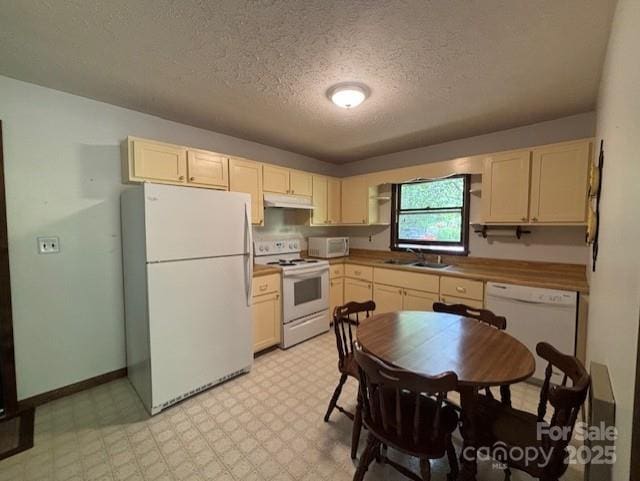 45 Old Cove Rd, Sylva, NC 28779 - kitchen with white appliances, under cabinet range hood, a textured ceiling, a sink, and light flooring