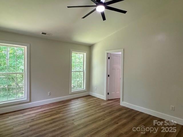 117 N River Glen Dr, Morganton, NC 28655 - empty room with baseboards, a ceiling fan, dark wood-type flooring, and vaulted ceiling