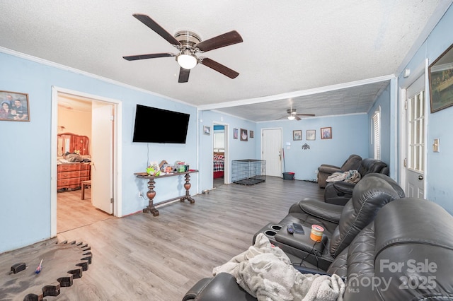 living area with ceiling fan, wood finished floors, crown molding, and a textured ceiling