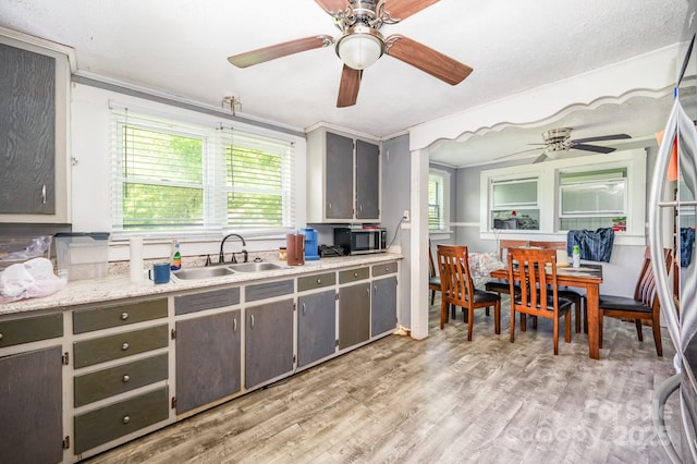 kitchen with a sink, ceiling fan, appliances with stainless steel finishes, ornamental molding, and light wood finished floors