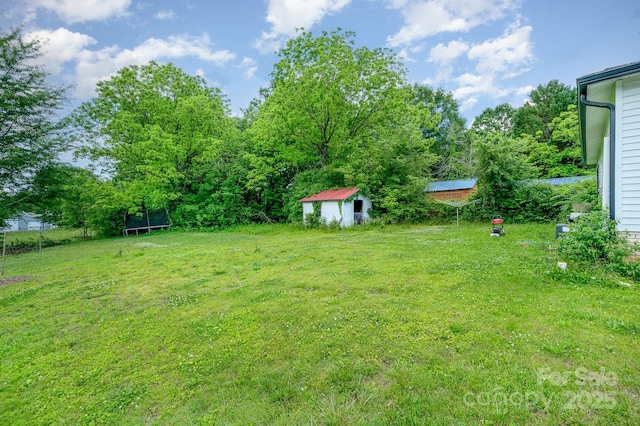 view of green lawn with a trampoline, a storage shed, and an outbuilding