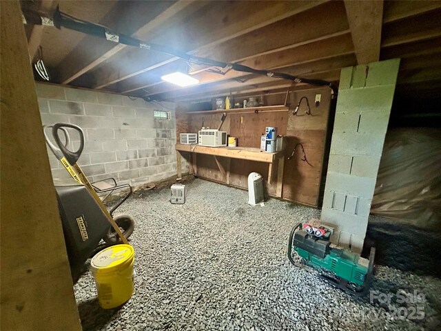 unfinished basement featuring concrete block wall