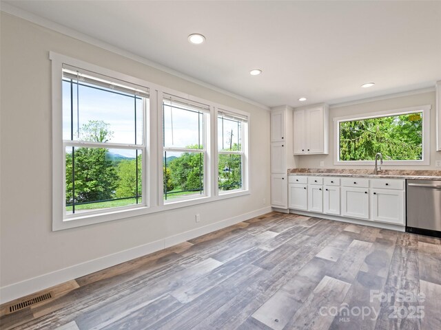 255 Thompson Cove Rd, Clyde, NC 28721 - kitchen featuring stainless steel dishwasher, ornamental molding, white cabinets, baseboards, and recessed lighting