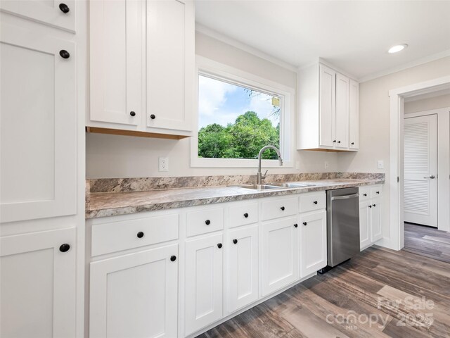 255 Thompson Cove Rd, Clyde, NC 28721 - kitchen with a sink, stainless steel dishwasher, dark wood finished floors, light countertops, and white cabinetry