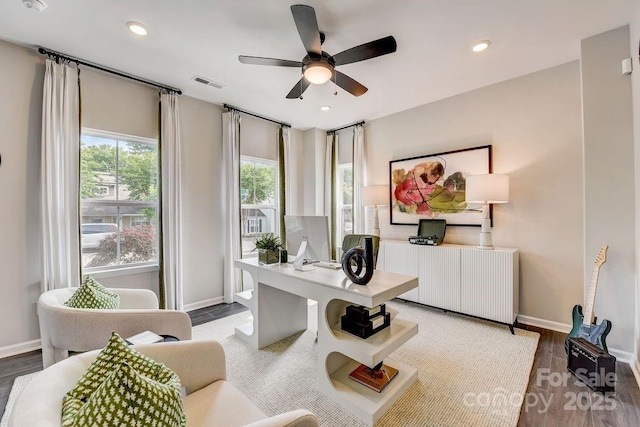 home office featuring baseboards, wood finished floors, a ceiling fan, and recessed lighting
