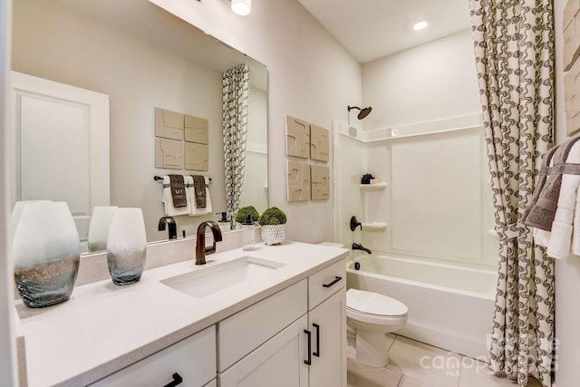 bathroom with toilet, shower / bath combination with curtain, vanity, and tile patterned floors