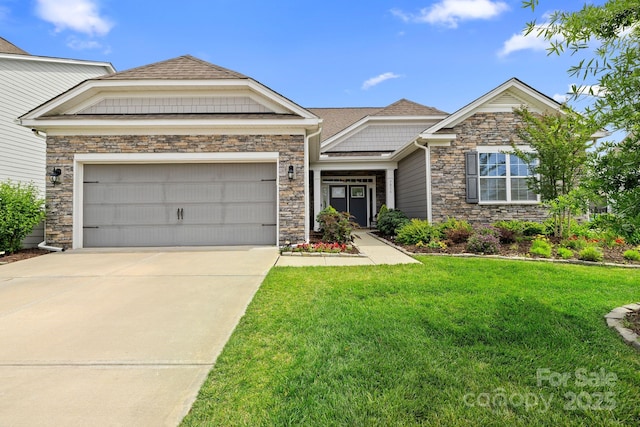 7016 Bareland Rd, Fort Mill, SC 29707 - craftsman-style home with stone siding, a front lawn, driveway, and a garage