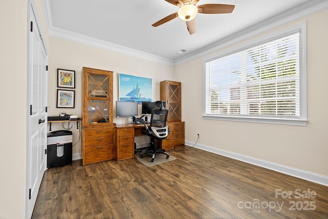 7016 Bareland Rd, Fort Mill, SC 29707 - office featuring ornamental molding, a ceiling fan, baseboards, and dark wood-style flooring