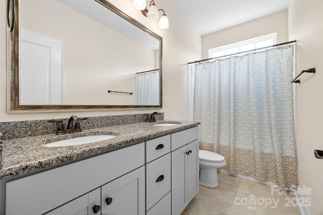 7016 Bareland Rd, Fort Mill, SC 29707 - full bathroom with toilet, tile patterned flooring, double vanity, and shower / bath combo with shower curtain