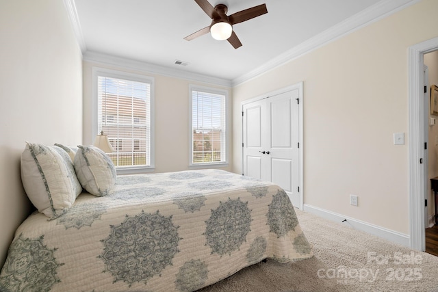 7016 Bareland Rd, Fort Mill, SC 29707 - bedroom with crown molding, baseboards, a closet, carpet, and a ceiling fan