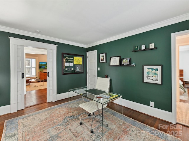 office with wood finished floors, crown molding, and baseboards