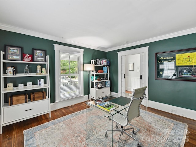 office featuring crown molding, wood finished floors, and baseboards
