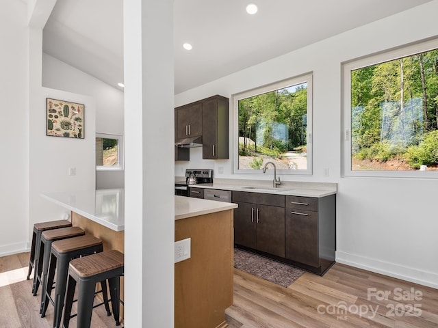85 S Fork Trl, Lake Toxaway, NC 28747 - kitchen featuring a sink, appliances with stainless steel finishes, a breakfast bar, under cabinet range hood, and light countertops