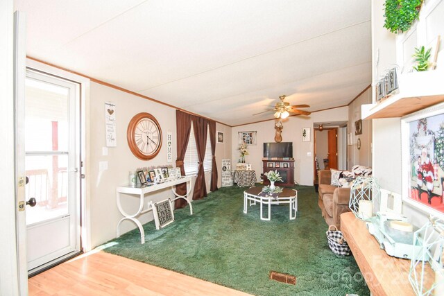 1574 Burke Duncan Rd, Lancaster, SC 29720 - living room with a ceiling fan, crown molding, wood finished floors, and lofted ceiling