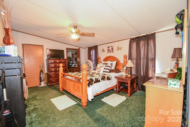 1574 Burke Duncan Rd, Lancaster, SC 29720 - bedroom with carpet flooring, ornamental molding, a ceiling fan, and vaulted ceiling
