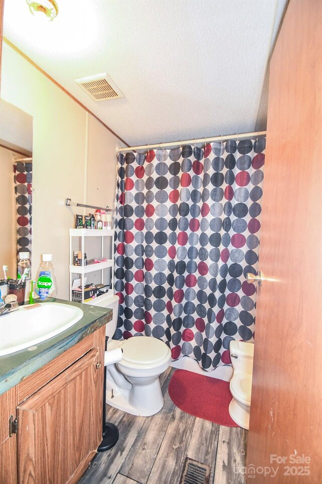 1574 Burke Duncan Rd, Lancaster, SC 29720 - full bath with toilet, vanity, wood finished floors, a shower with shower curtain, and a textured ceiling