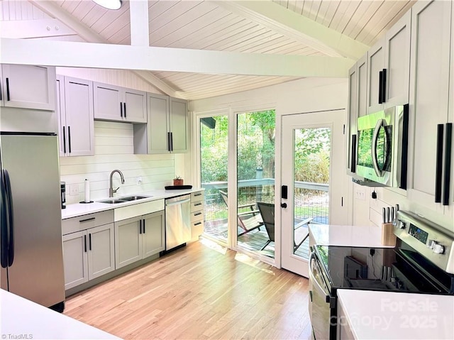 164 Johnson Ridge Rd, Elkin, NC 28621 - kitchen with stainless steel appliances, a sink, gray cabinets, light countertops, and wood ceiling