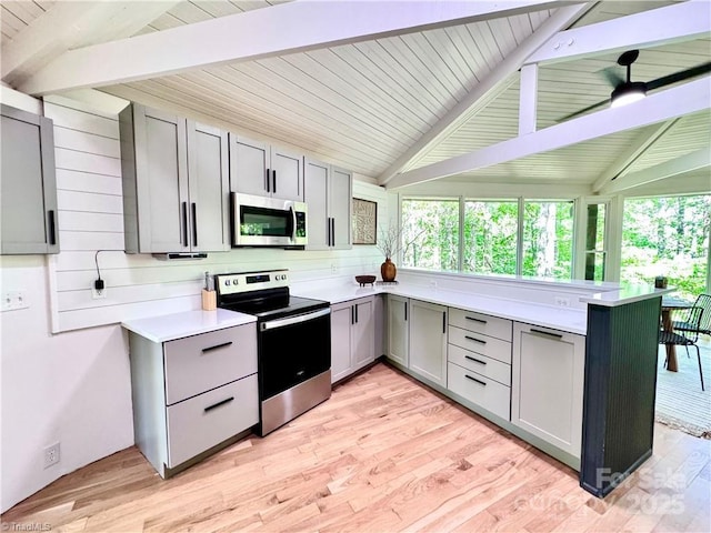 164 Johnson Ridge Rd, Elkin, NC 28621 - kitchen featuring stainless steel appliances, gray cabinetry, a peninsula, light countertops, and wooden ceiling