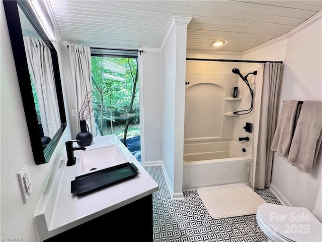 164 Johnson Ridge Rd, Elkin, NC 28621 - bathroom with ornamental molding, baseboards, toilet, shower / bath combination with curtain, and vanity