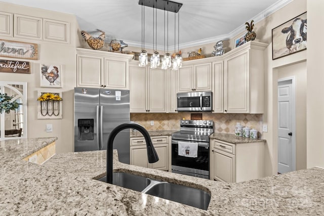 149 Harbor Landing Dr, Mooresville, NC 28117 - kitchen featuring appliances with stainless steel finishes, a sink, backsplash, light stone countertops, and ornamental molding