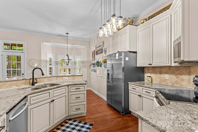 149 Harbor Landing Dr, Mooresville, NC 28117 - kitchen featuring a sink, stainless steel appliances, a chandelier, decorative backsplash, and dark wood-style floors