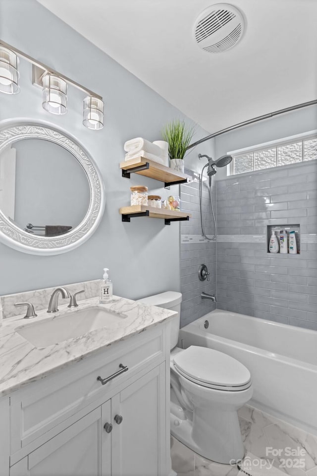149 Harbor Landing Dr, Mooresville, NC 28117 - bathroom featuring vanity, toilet, marble look tile flooring, and shower / washtub combination