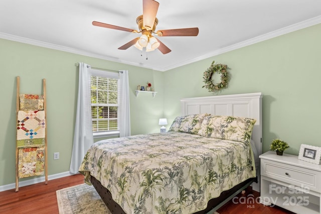 149 Harbor Landing Dr, Mooresville, NC 28117 - bedroom with dark wood-style flooring, ornamental molding, baseboards, and ceiling fan